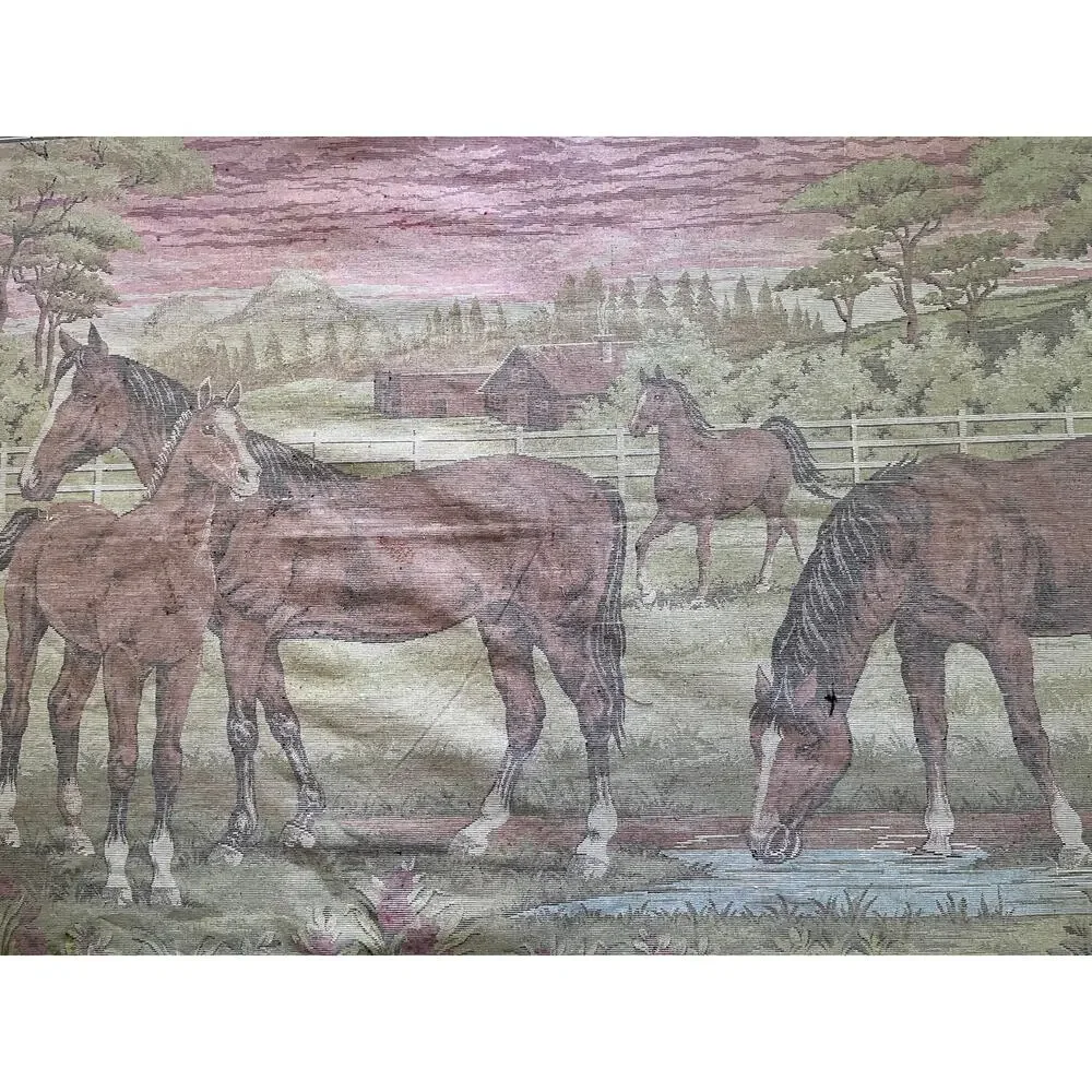 Large VTG 1970s Horse Tapestry Landscape Equestrian Farm Stable Made in Lebanon